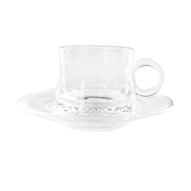 Wholesale Cafe Bar Gift pure food grade Glass coffee Saucer Custom Shot Glass Tea Cup Set With Handle Coffee Cups And Saucers