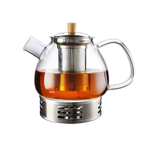 Household  1L steel filter clear cylinder borosilicate glass teapot  Stainless Steel Infuser round tea warmer