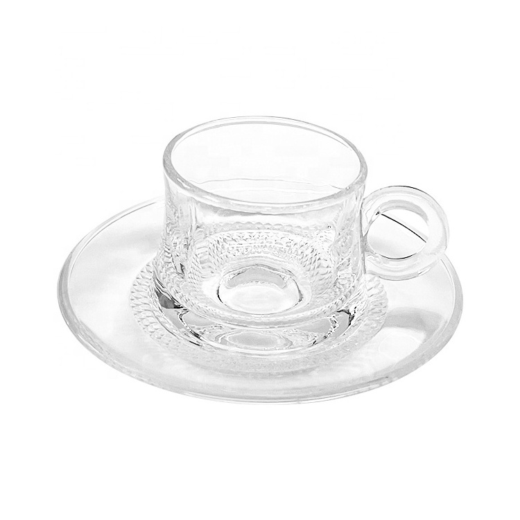 Wholesale Cafe Bar Gift pure food grade Glass coffee Saucer Custom Shot Glass Tea Cup Set With Handle Coffee Cups And Saucers