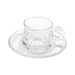 Wholesale Cafe Bar Gift pure food grade Glass coffee Saucer Custom Shot Glass Tea Cup Set With Handle Coffee Cups And Saucers