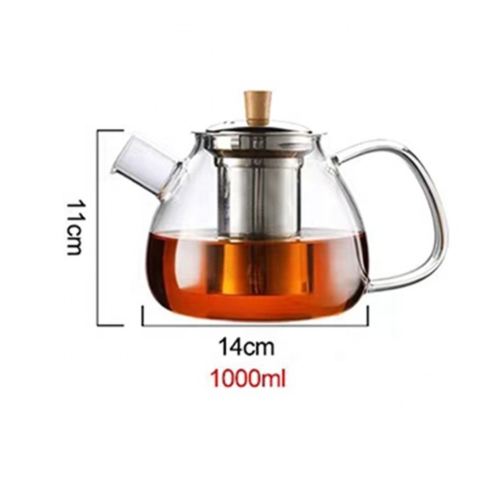 Household  1L steel filter clear cylinder borosilicate glass teapot  Stainless Steel Infuser round tea warmer