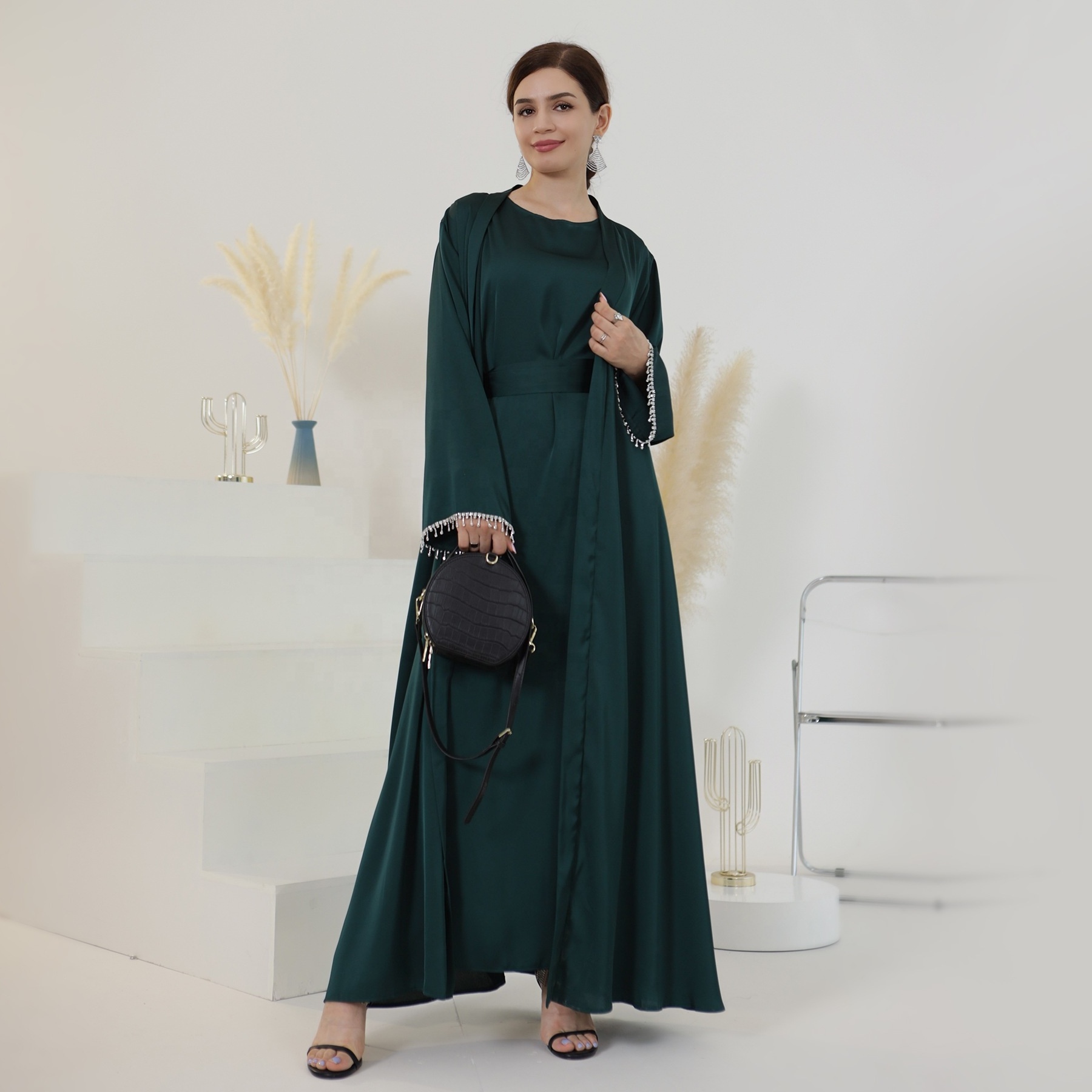 New Abaya Designs 2023 Turkish Islamic Dress Abaya 2 Pieces Satin Beads Open Abaya Women Muslim Dress