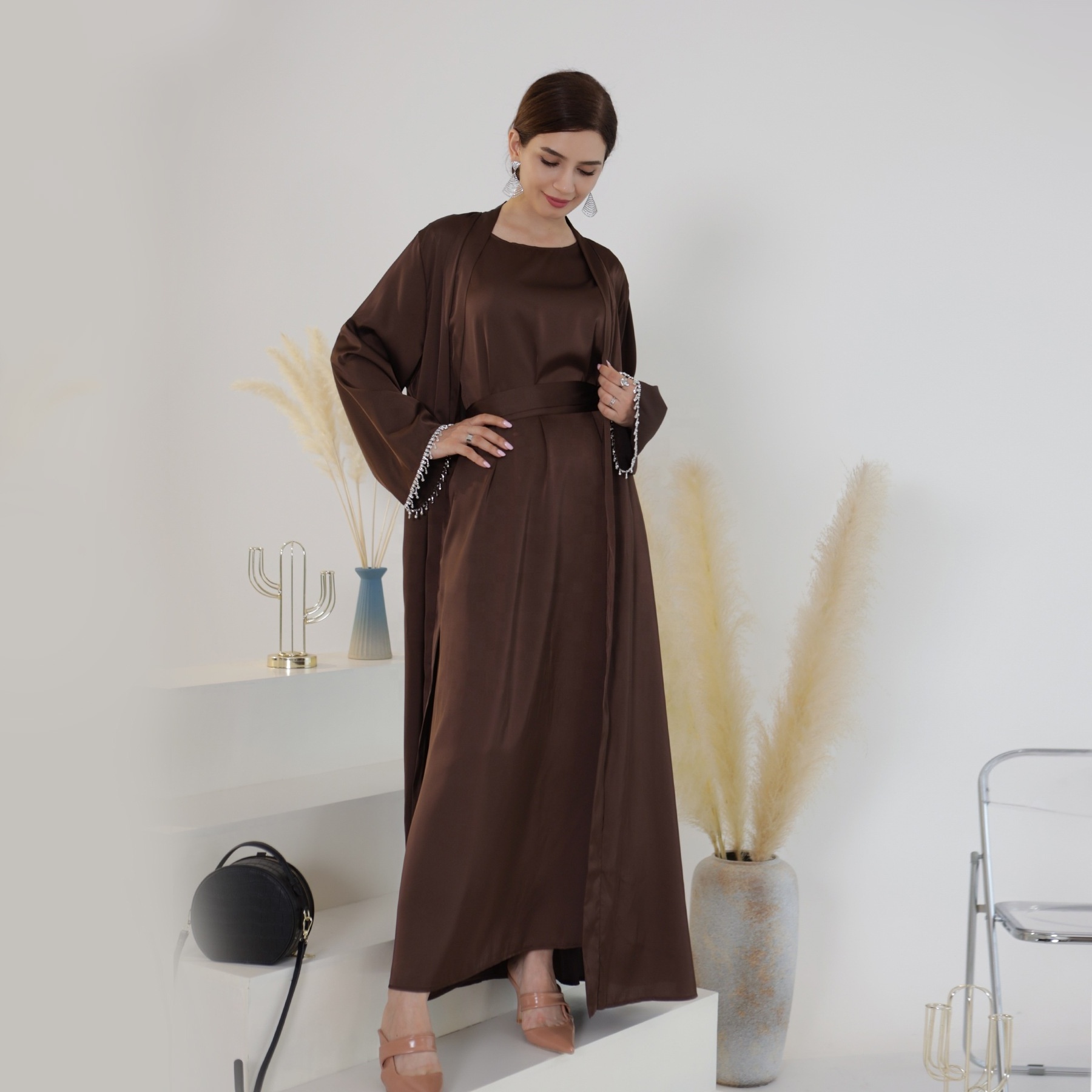 New Abaya Designs 2023 Turkish Islamic Dress Abaya 2 Pieces Satin Beads Open Abaya Women Muslim Dress