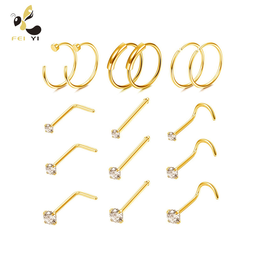 15Pcs Body Piercing Jewelry Surgical Steel Nose Rings Hoop Studs Cartilage Earrings Stainless Steel Nose Ring For Women