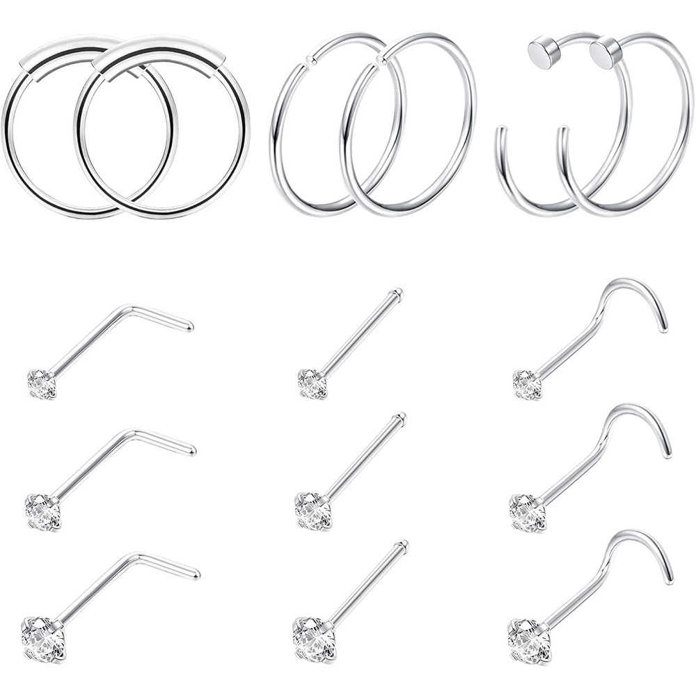 15Pcs Body Piercing Jewelry Surgical Steel Nose Rings Hoop Studs Cartilage Earrings Stainless Steel Nose Ring For Women