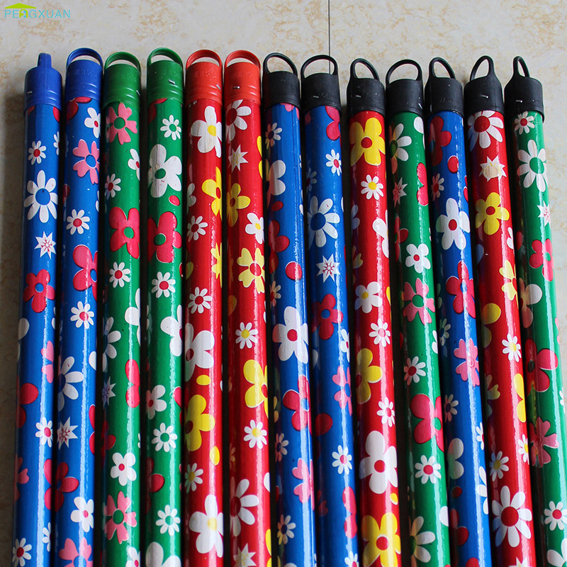 Wholesale Natural Long Handle Broom Wood Sticks Wooden Broom Stick PVC Film Flowers Design Coating Wooden Mop Broom Handle