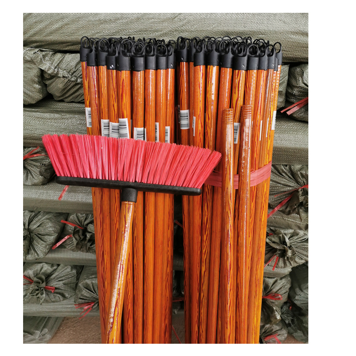 100% Eucalyptus Flower Mop Stick with Wooden Grain Broom Handle  Raw PVC Coated Sticks  Colorful Plastic Hook at Upper End