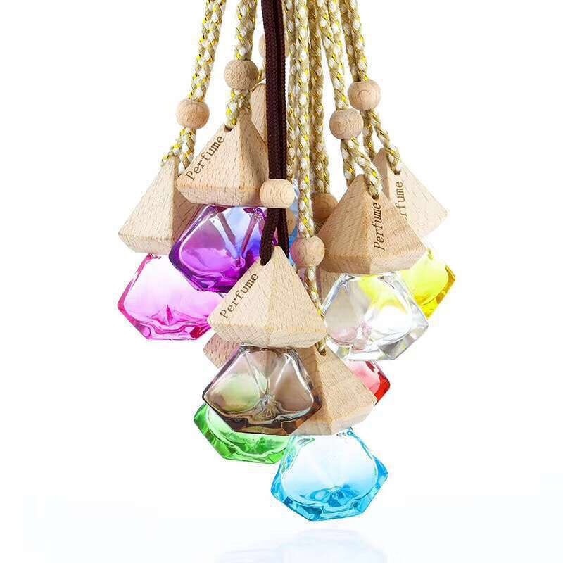 Pyramid Shape Wooden Lid Laser Logo Empty Rope Hanging Car Perfume Glass Bottle