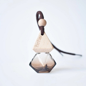 Pyramid Shape Wooden Lid Laser Logo Empty Rope Hanging Car Perfume Glass Bottle