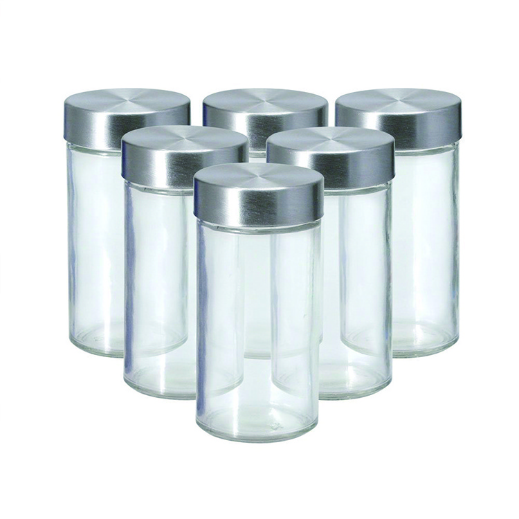 100ml clear round glass spice bottle with stainless steel lid and plastic insert