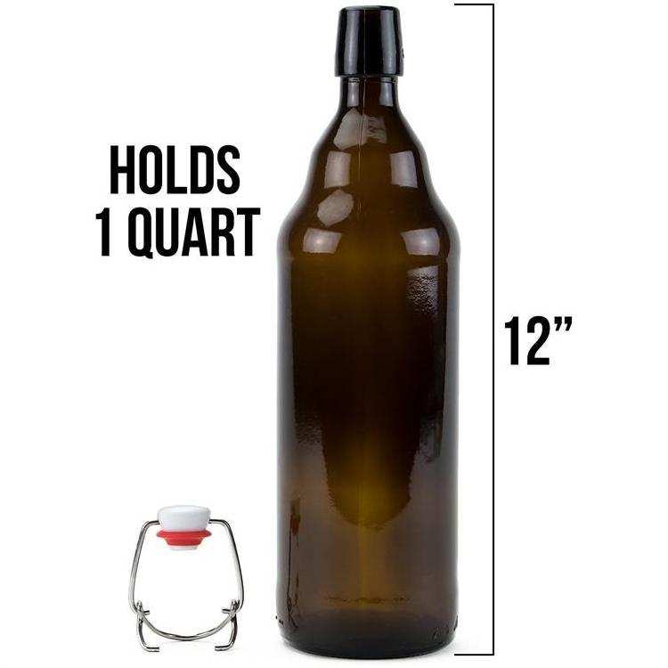 1000ml 1 Liter Amber Swing Rop Glass Beer Bottle with Stainless Steel Wire and Plastic Top and Red Gaskets