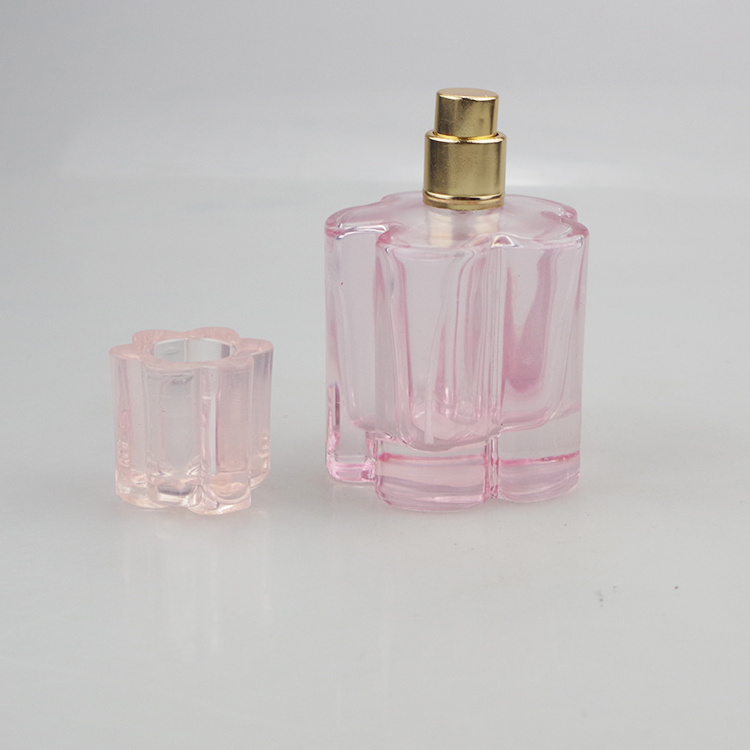 Wholesale Custom Color Unique Pink Flower Shape 100ml Glass Perfume Spray Bottle with Flower Shape Lid