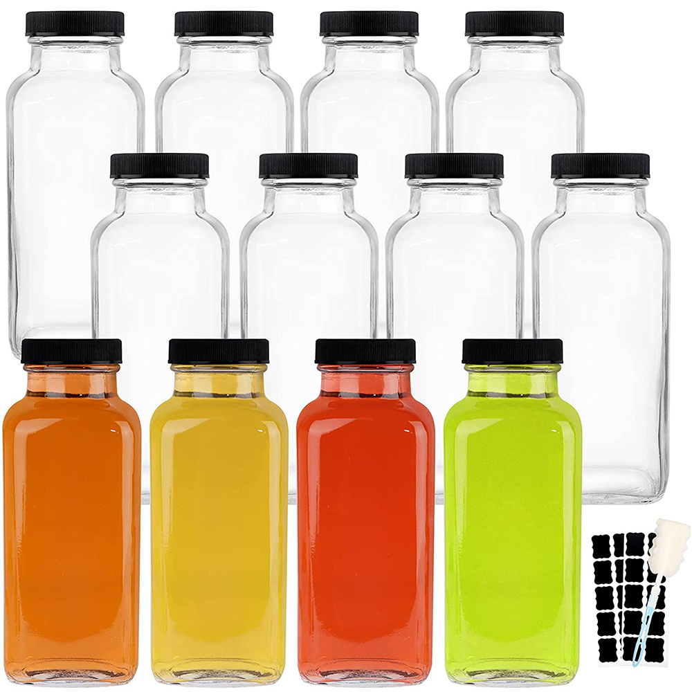 Custom 2oz 4oz 8oz 16oz French Square Kombucha Juice Glass Bottles Packaging For Beverage With Plastic Screw Cap