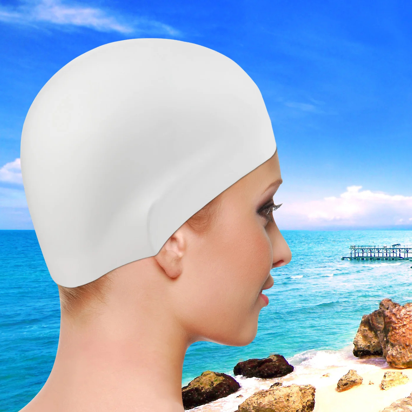 Small MOQ Swim Cap High Quality Swimming Hats Wholesale Silicone CAP1400  /1800 white color  3D dome Swimming caps