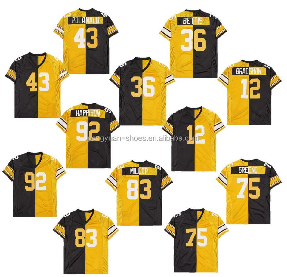 Best Quality #43 Troy Polamalu #12 Terry Bradshaw #36 Jerome Bettis Black/Gold Split American Football Jersey