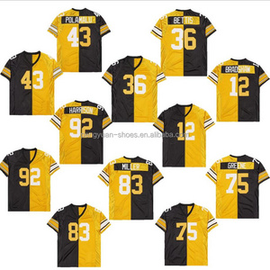 Best Quality #43 Troy Polamalu #12 Terry Bradshaw #36 Jerome Bettis Black/Gold Split American Football Jersey