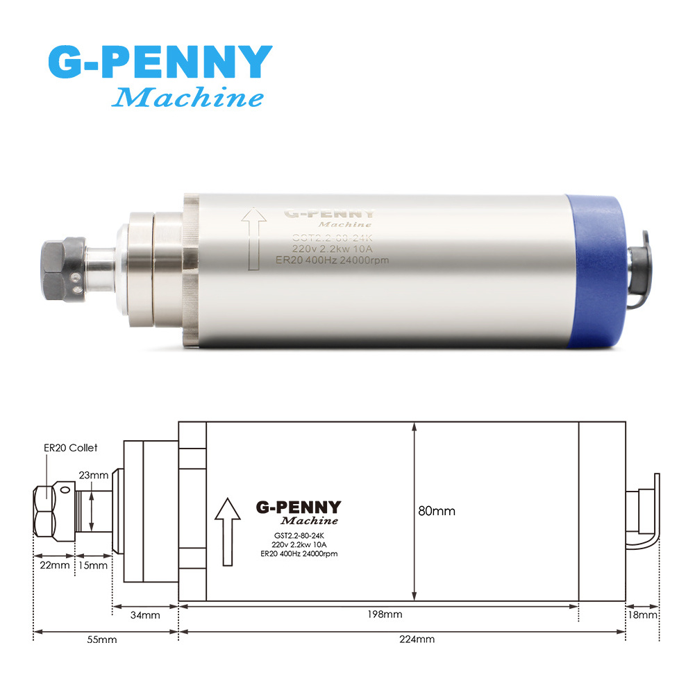 G-PENNY Machine CNC 2.2kw ER20 110V 220v 380v Air cooled spindle D80 cnc router machine Spindles being parts of machines