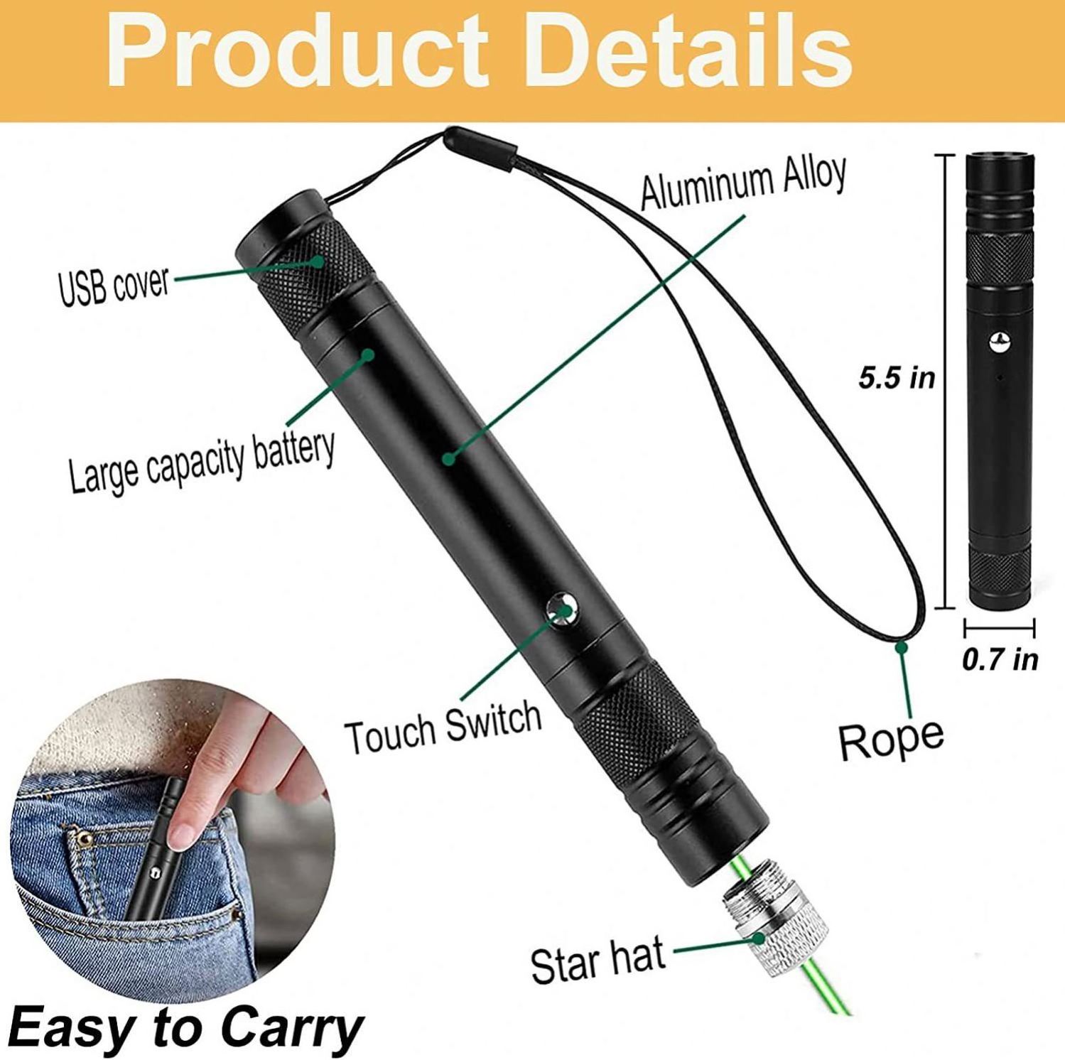 Green Laser Pointer USB Rechargeable Battery Power Laser Light Cat Interactive Outside Camping Teaching Explore