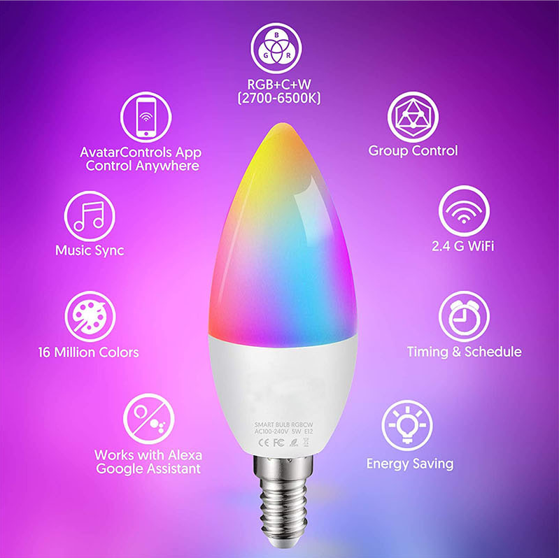 Wholesale Smart Life Dimmable Rgb Led Light Bulb C37 5.5w Smart Rgb Candle Bulb Light