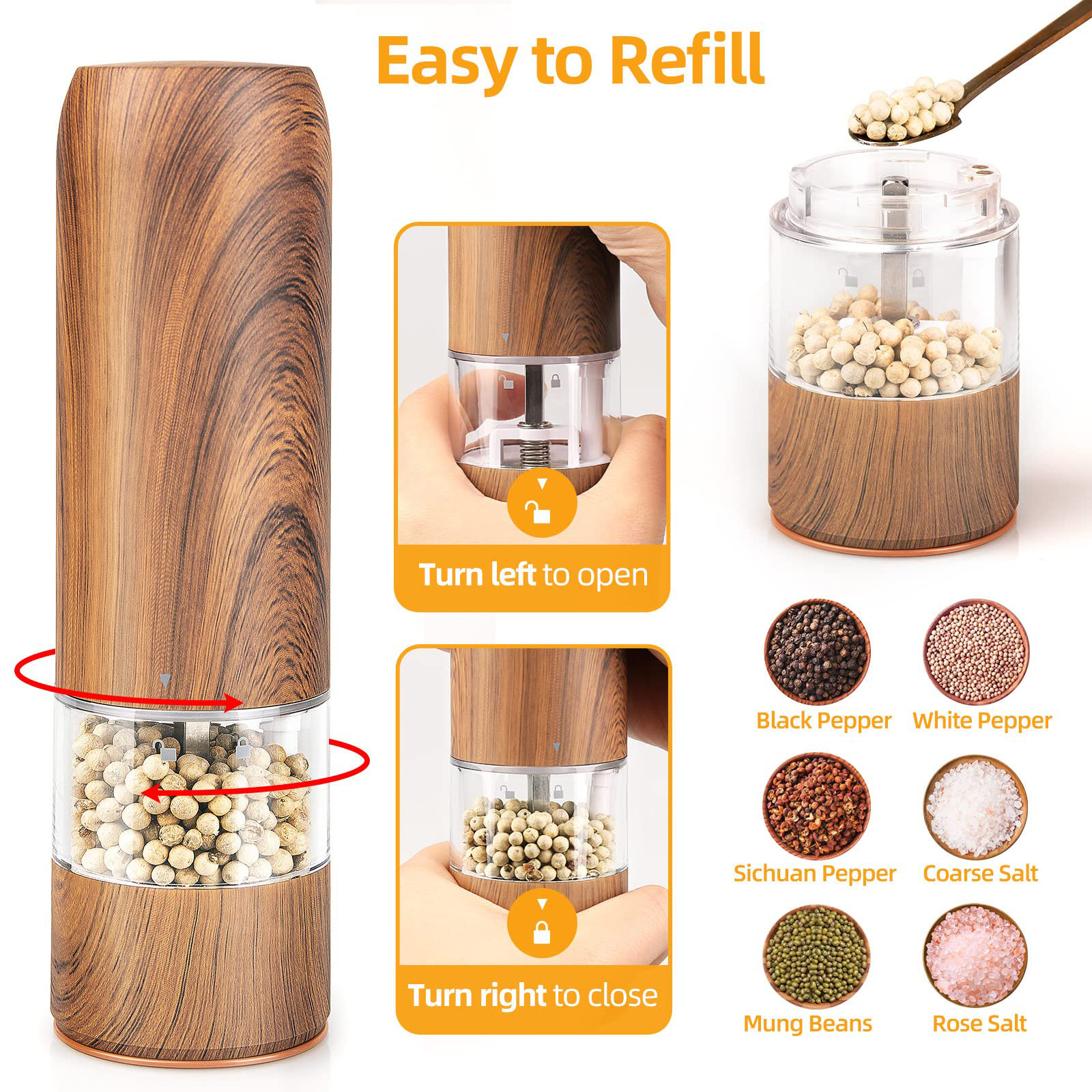 Wood Grain Long Style Electric Salt And Pepper Grinder Set USB Rechargeable Pepper Mill Grinder