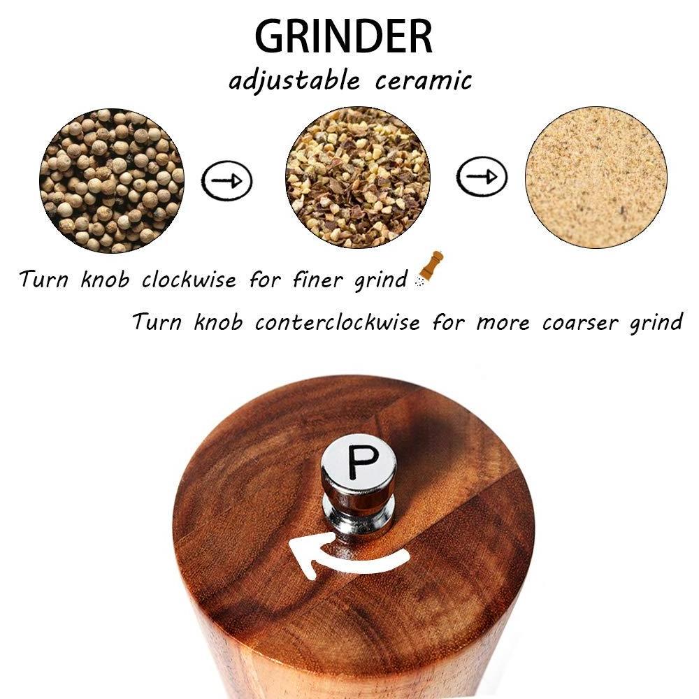 Salt and Pepper Grinders Set Acacia Wooden Salt and Pepper Mills Shakers Kit Ceramic Rotor with Strong Adjustable Coarseness