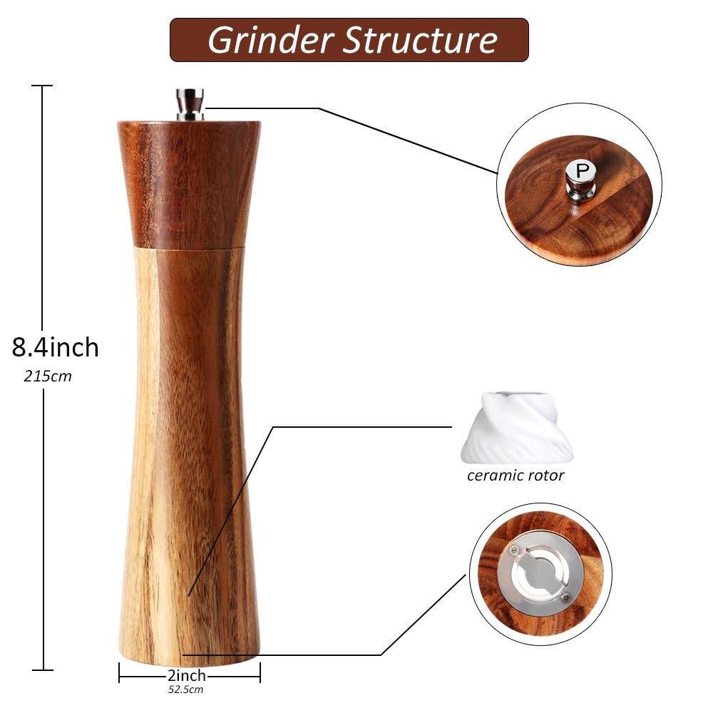 Salt and Pepper Grinders Set Acacia Wooden Salt and Pepper Mills Shakers Kit Ceramic Rotor with Strong Adjustable Coarseness