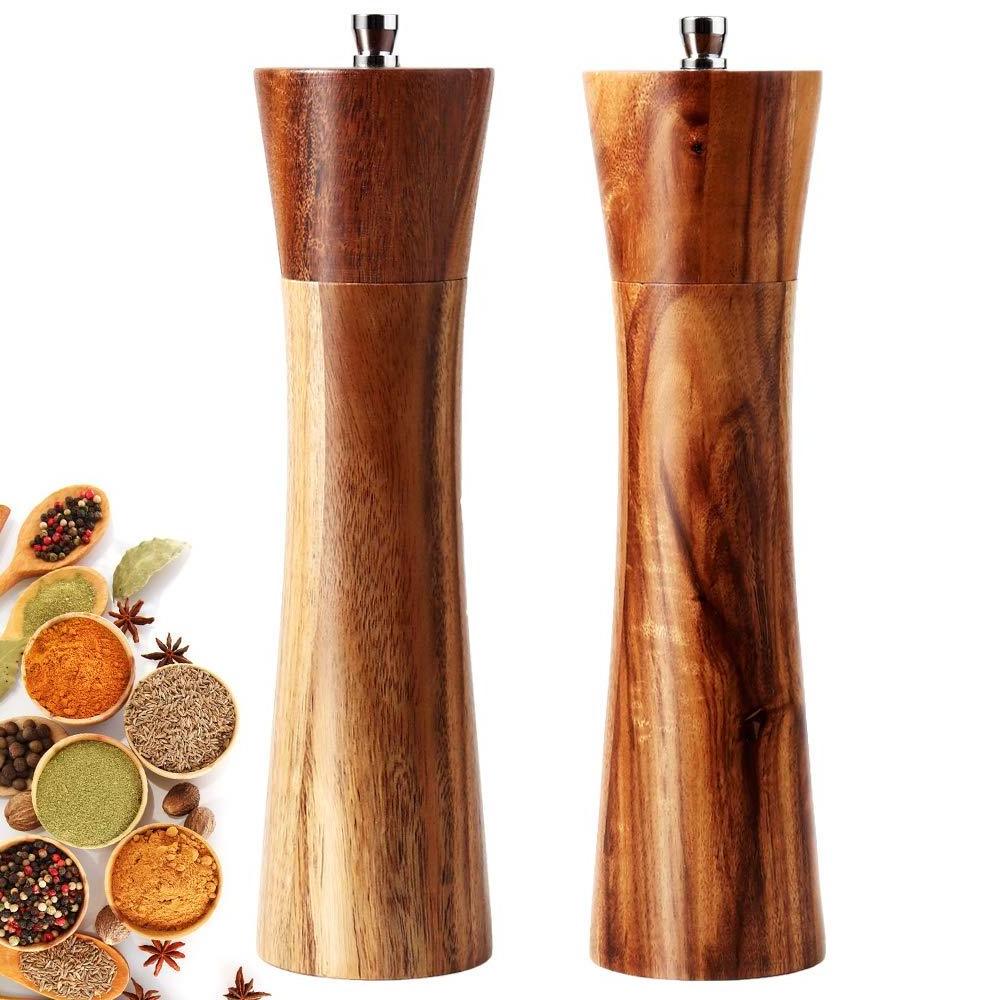 Salt and Pepper Grinders Set Acacia Wooden Salt and Pepper Mills Shakers Kit Ceramic Rotor with Strong Adjustable Coarseness