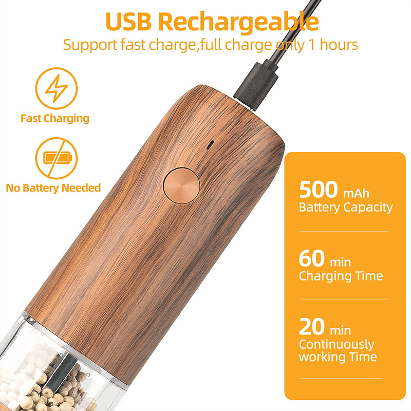 Wood Grain Long Style Electric Salt And Pepper Grinder Set USB Rechargeable Pepper Mill Grinder