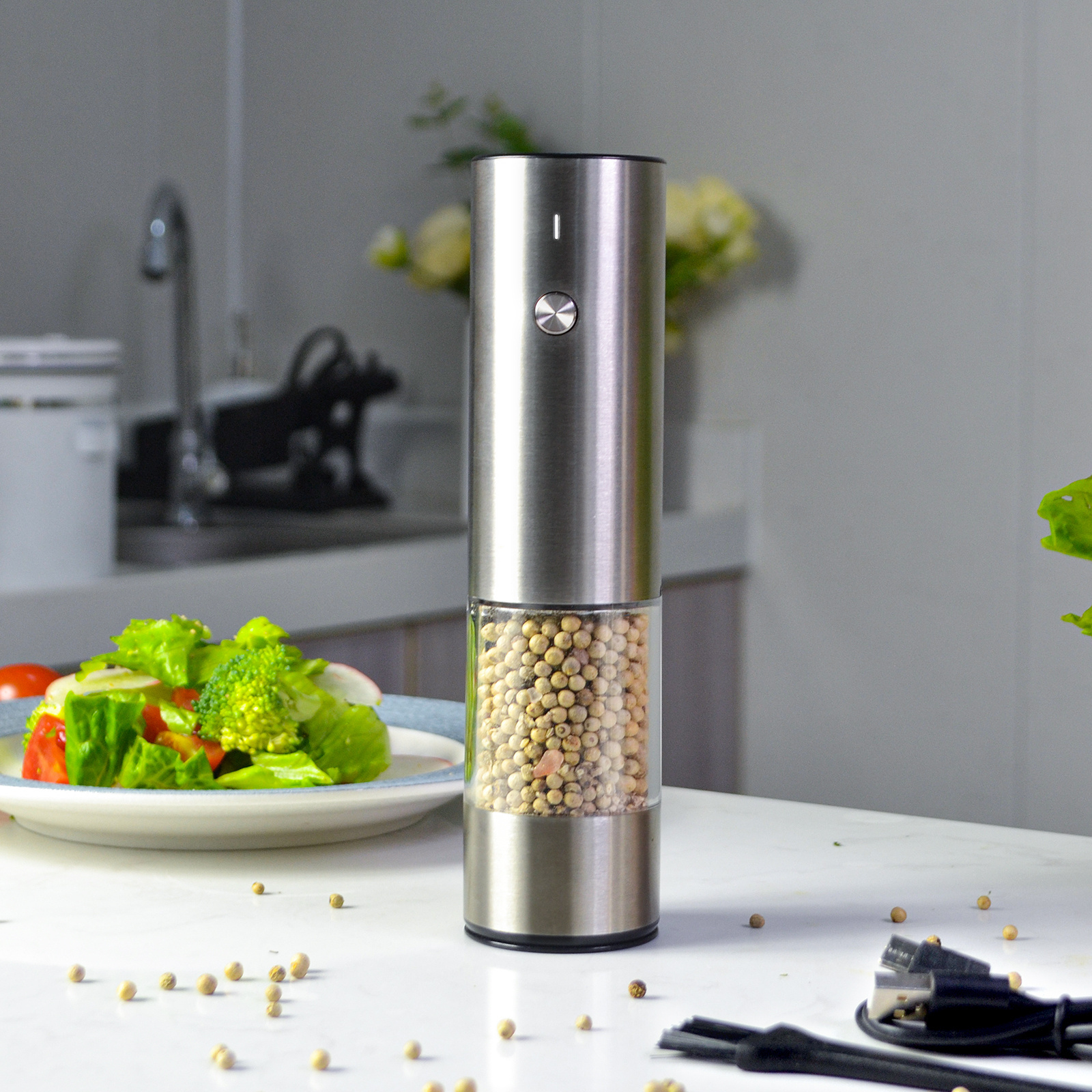 Lithium Battery Powered With Led Light Automatic Operation Stainless Steel Gravity Electric Mill Pepper And Salt Grinder Set