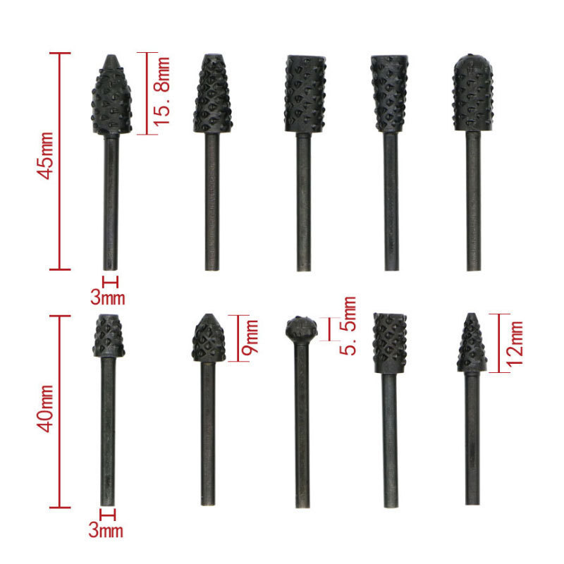 Hot Selling 10pcs Wood Rasp File Drill Bits 1/4'' Shank Black Wolf Teeth File Rotary Burr Set for Woodworking Tools