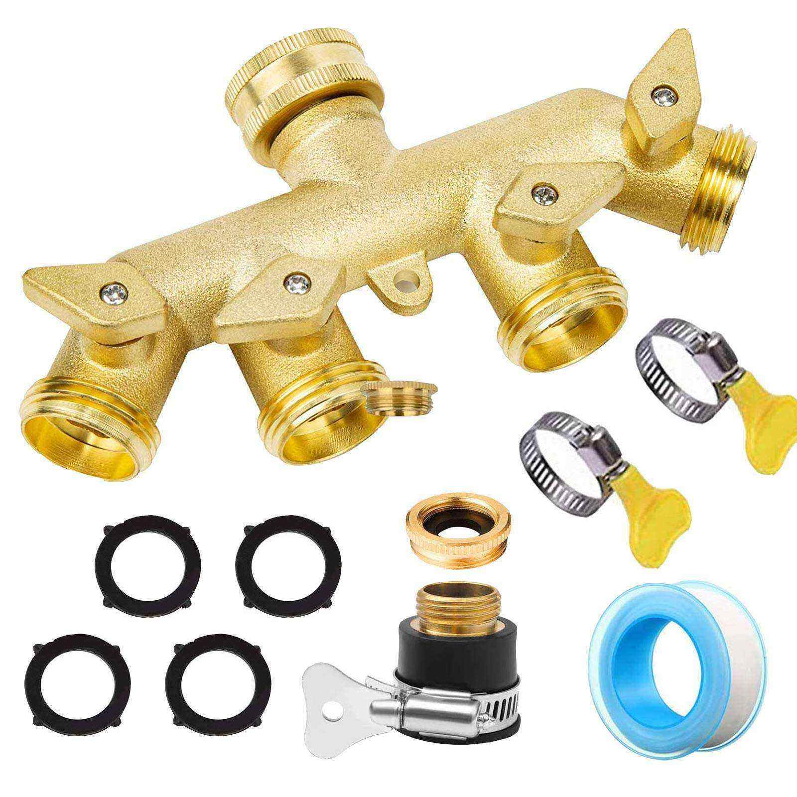 4 Way Garden Brass Hose Splitter Tap with Individual On-Off Valves  Heavy Duty Garden Hose Connector Hose Spigot Adapter with 4