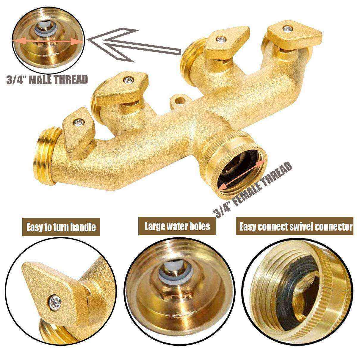 4 Way Garden Brass Hose Splitter Tap with Individual On-Off Valves  Heavy Duty Garden Hose Connector Hose Spigot Adapter with 4