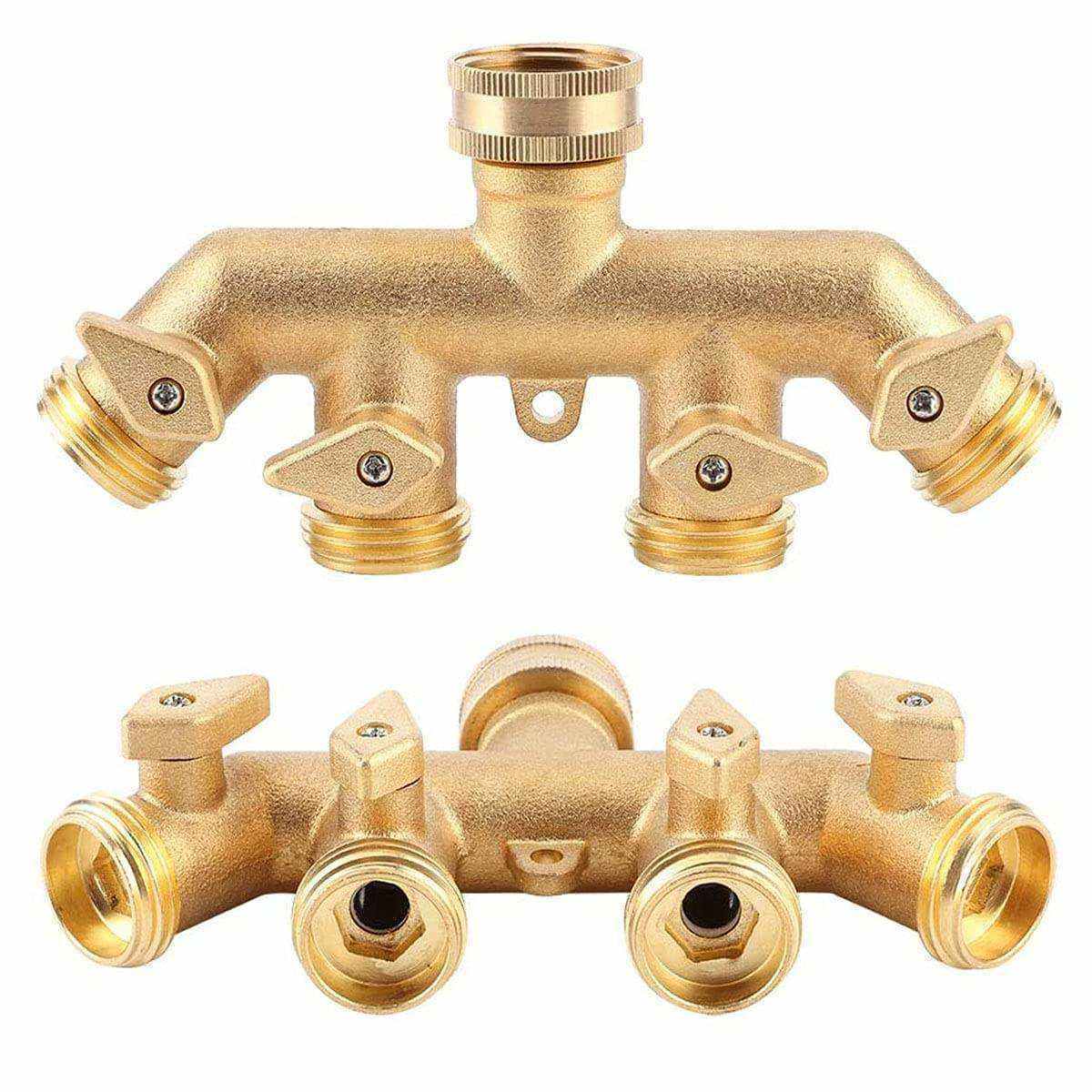 4 Way Garden Brass Hose Splitter Tap with Individual On-Off Valves  Heavy Duty Garden Hose Connector Hose Spigot Adapter with 4