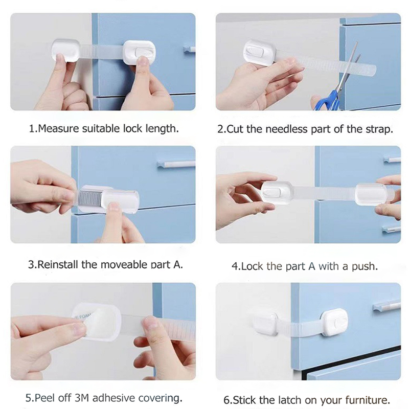 Child Infant Safety protection Locks Baby Proofing Cabinet Lock with 6 Extra Adhesives stickers Adjustable Strap Latches