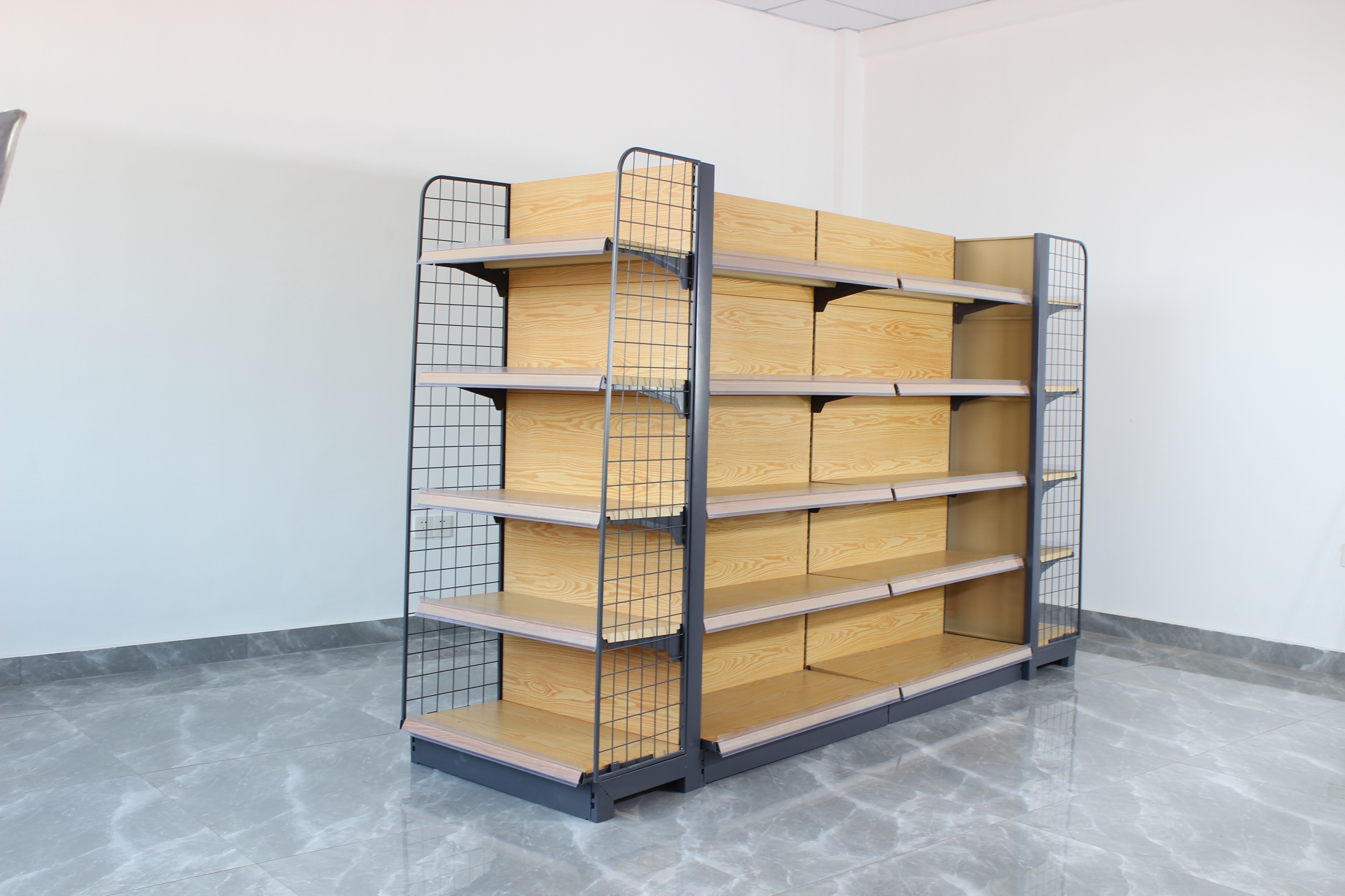 Wood grain Style Good looking Customized Gondola Shelving Rack used in Supermarket