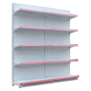 2022 Fashion Style Customized White Color Metal Plate Double Deep Display Rack Supermarket Gondola Shelf