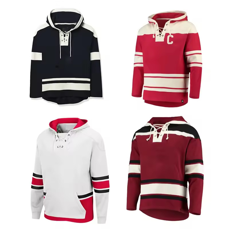 Custom Cheap Unique Hoodie Hockey jersey Tackle Twill Team Ice Hockey Jersey with Hood Lace Up Hockey Jersey