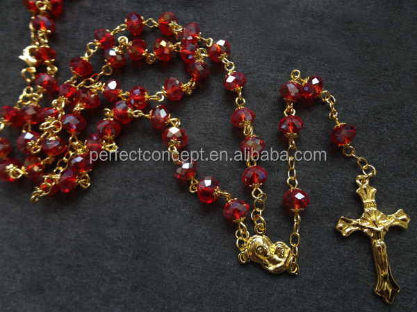 High Quality Red AB Glass Bead Rosary With Gold Cross Necklace