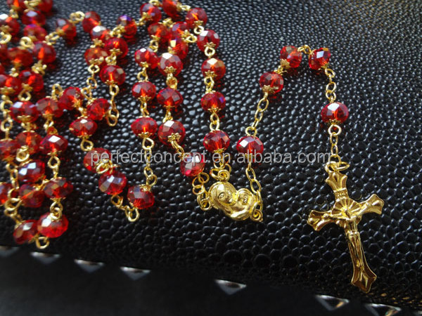 High Quality Red AB Glass Bead Rosary With Gold Cross Necklace