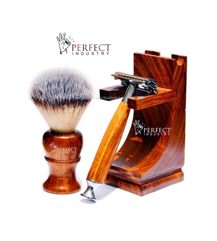 Perfect Industry 2022 wood Shaving Set Wood Handle Straight Razor Wooden Shaving Brush Stand Set