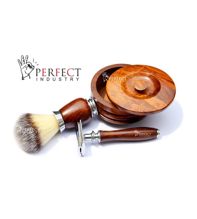 Perfect Industry 2022 wood Shaving Set Wood Handle Straight Razor Wooden Shaving Brush Stand Set