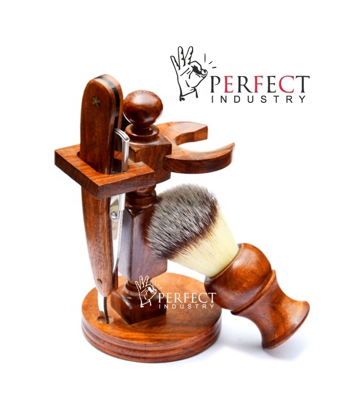 Perfect Industry 2022 wood Shaving Set Wood Handle Straight Razor Wooden Shaving Brush Stand Set