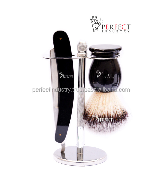 Perfect Industry 2022 wood Shaving Set Wood Handle Straight Razor Wooden Shaving Brush Stand Set