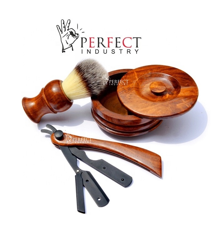 Perfect Industry 2022 wood Shaving Set Wood Handle Straight Razor Wooden Shaving Brush Stand Set