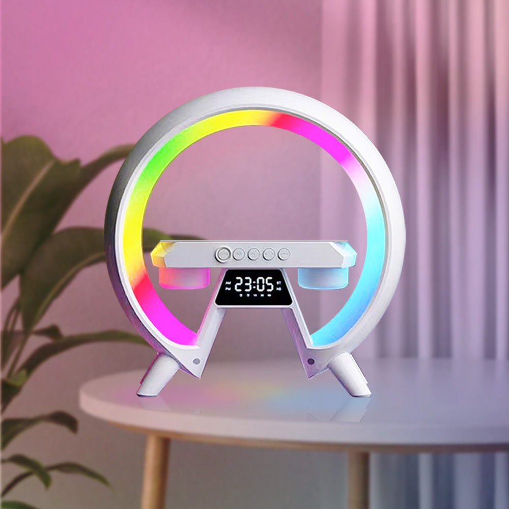 Multifunctional Wireless Charging Large G Shape Speaker Desk Lamp With Led Seven-color Atmosphere Light And Clock