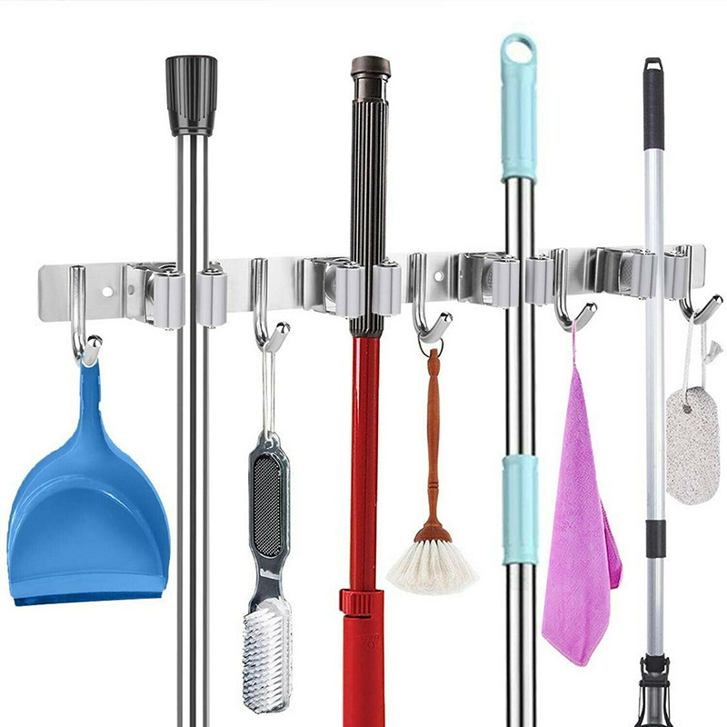 Multifunctional 4 racks 5 hooks wall mount mop hook and broom holder for storage tools