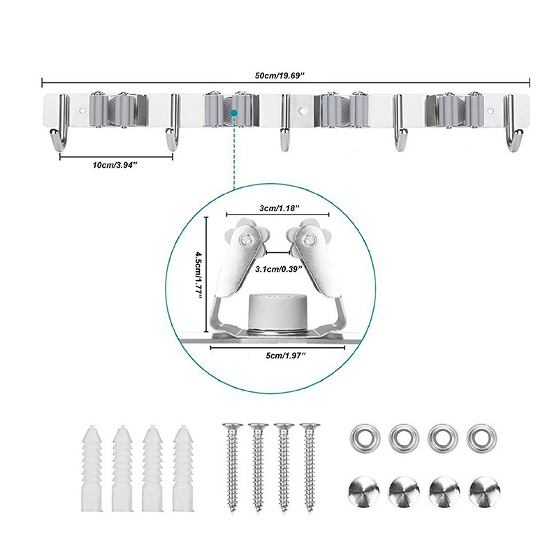 Multifunctional 4 racks 5 hooks wall mount mop hook and broom holder for storage tools