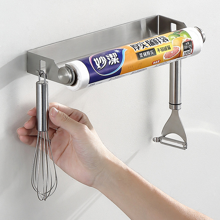 Stainless Steel Cling Film Rack Kitchen Roll Paper Holder Tissue Storage Hanger Kitchen Self-adhesive Towel Holder