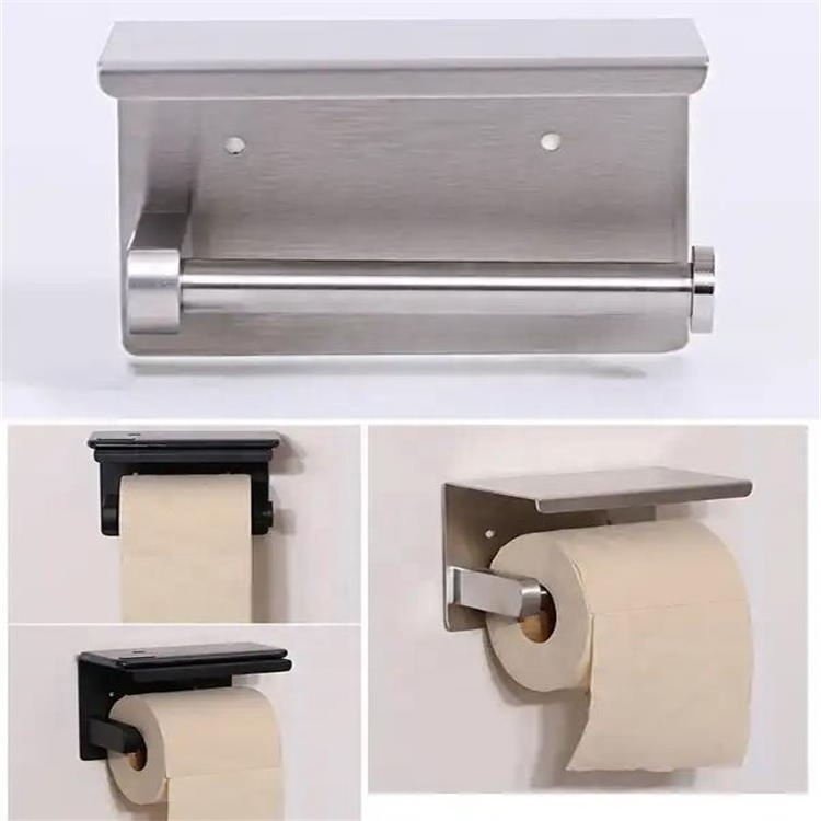 Wall Mounted 304 Stainless Steel Self Adhesive Toilet Paper Holder With Phone Shelf Paper Roll Holder