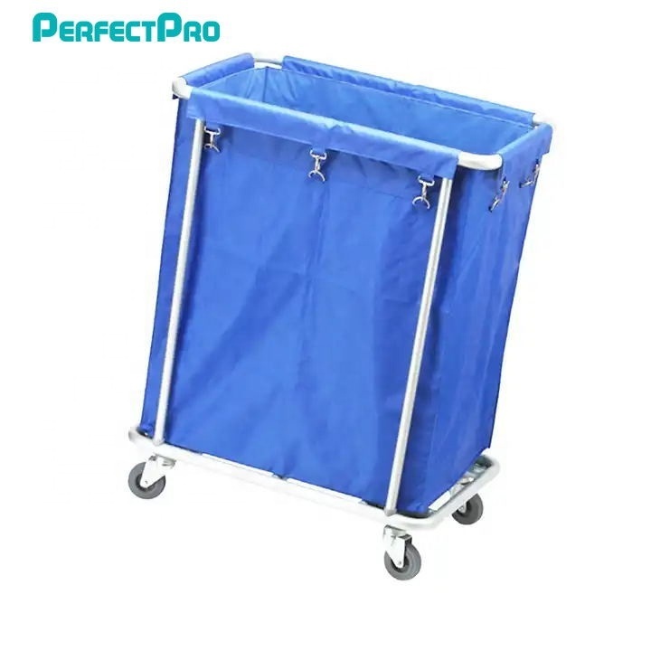 Cheaper Heavy Duty Square Steel Tube Linen Trolley Rolling Laundry Basket With Wheels For Hospital  Household And Hotel